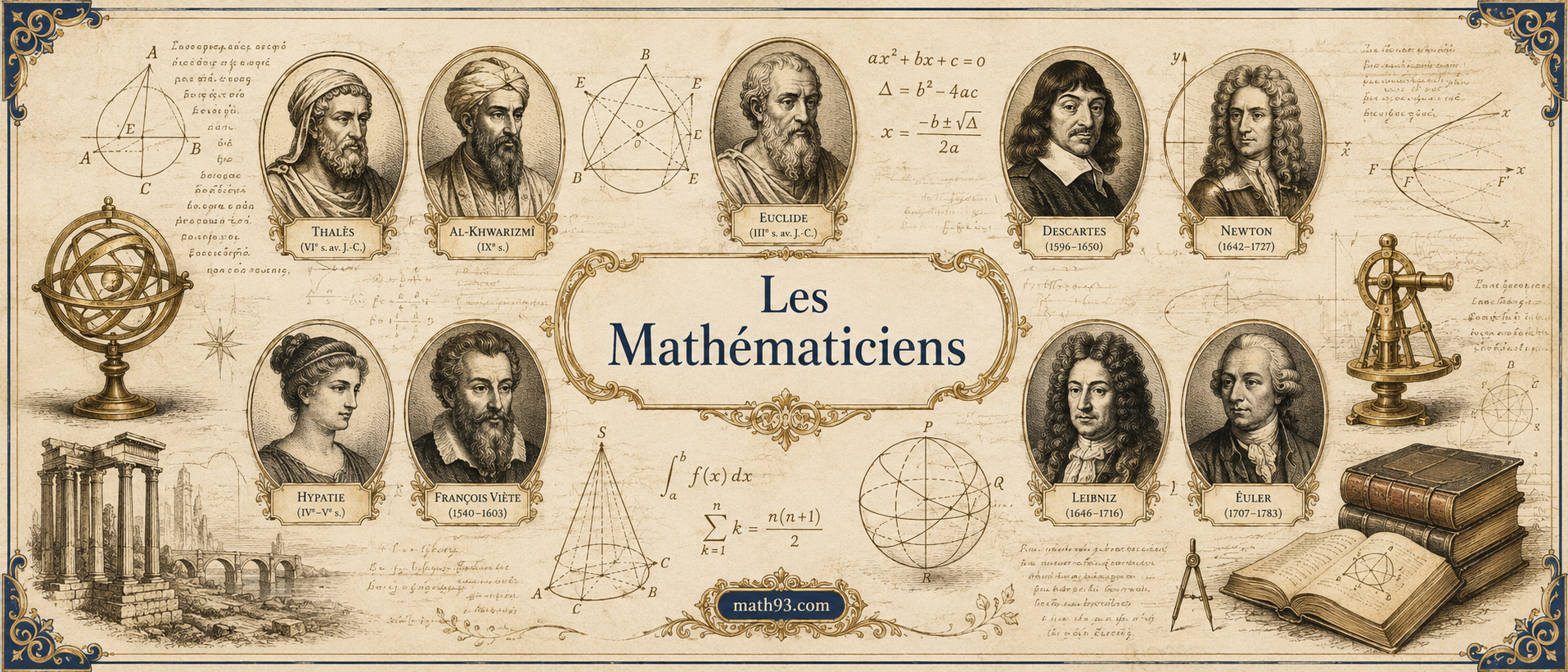 Alt : Mathématiciens E-G : illustration historique de grands savants, manuscrits, figures géométriques et instruments anciens autour de l'histoire des mathématiques.