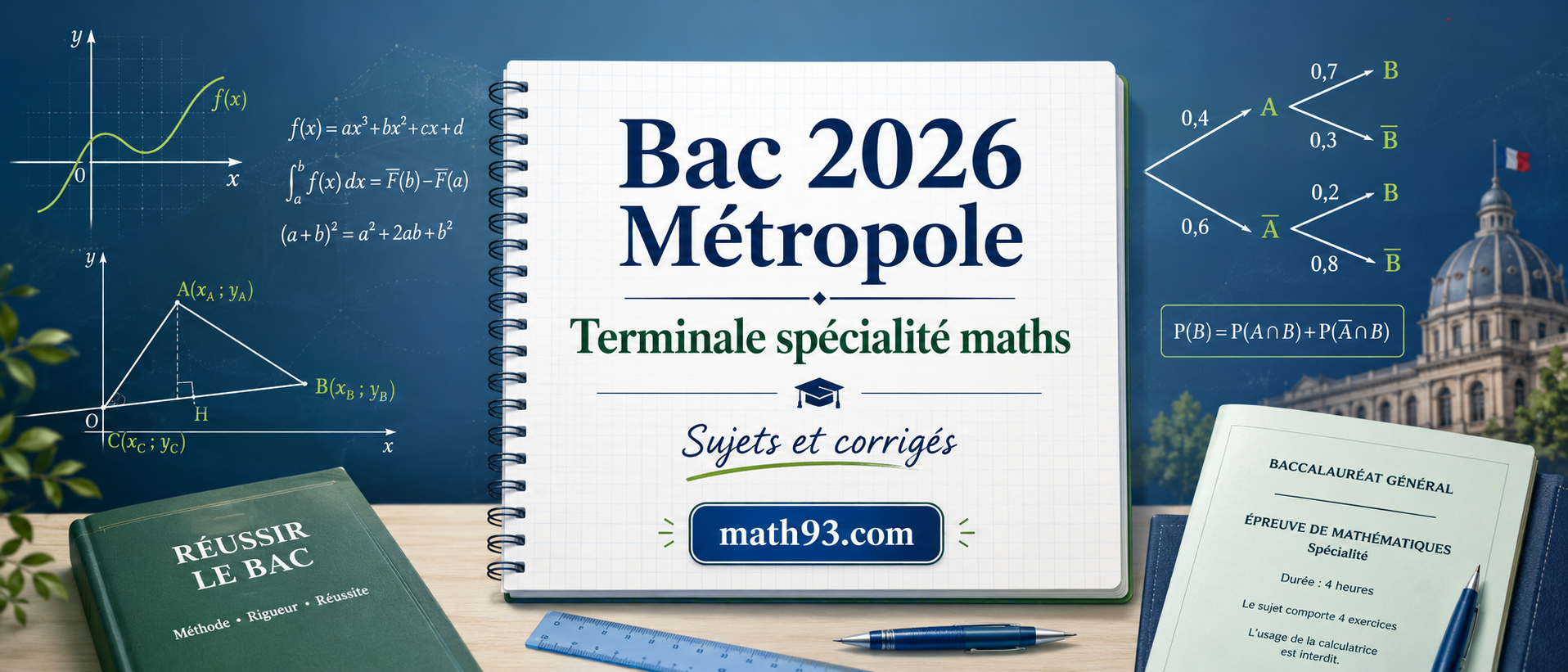 Bac 2026 Métropole Terminale spécialité maths : sujets et corrigés Math93
