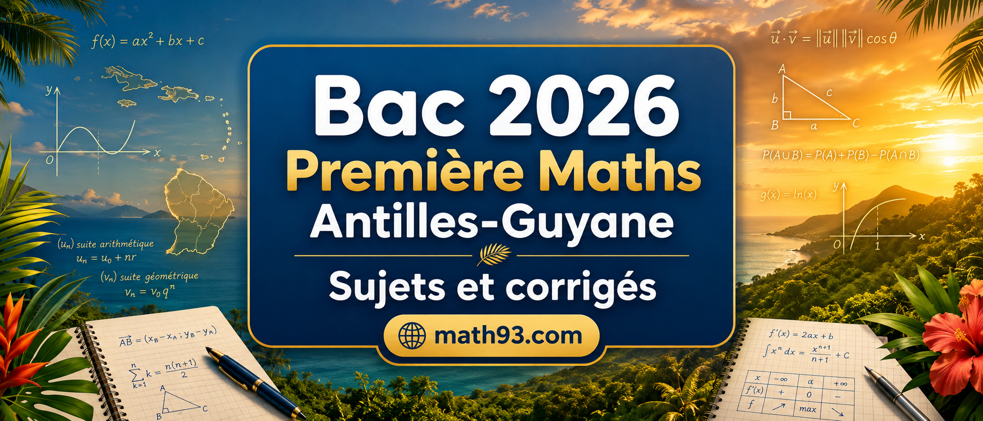 Bac 2026 Première Maths Antilles-Guyane : sujets et corrigés Math93, bannière tropicale avec forêt, côte et formules.