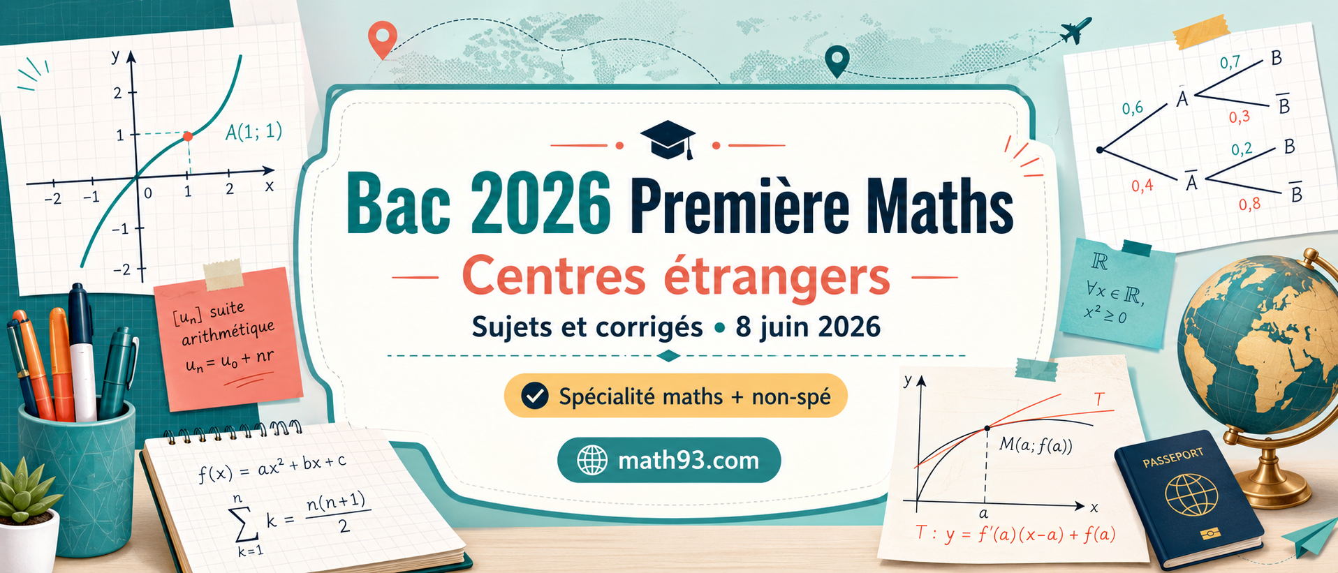 Bac 2026 Première Maths Centres étrangers : sujets et corrigés du 8 juin, spécialité mathématiques et maths non-spé