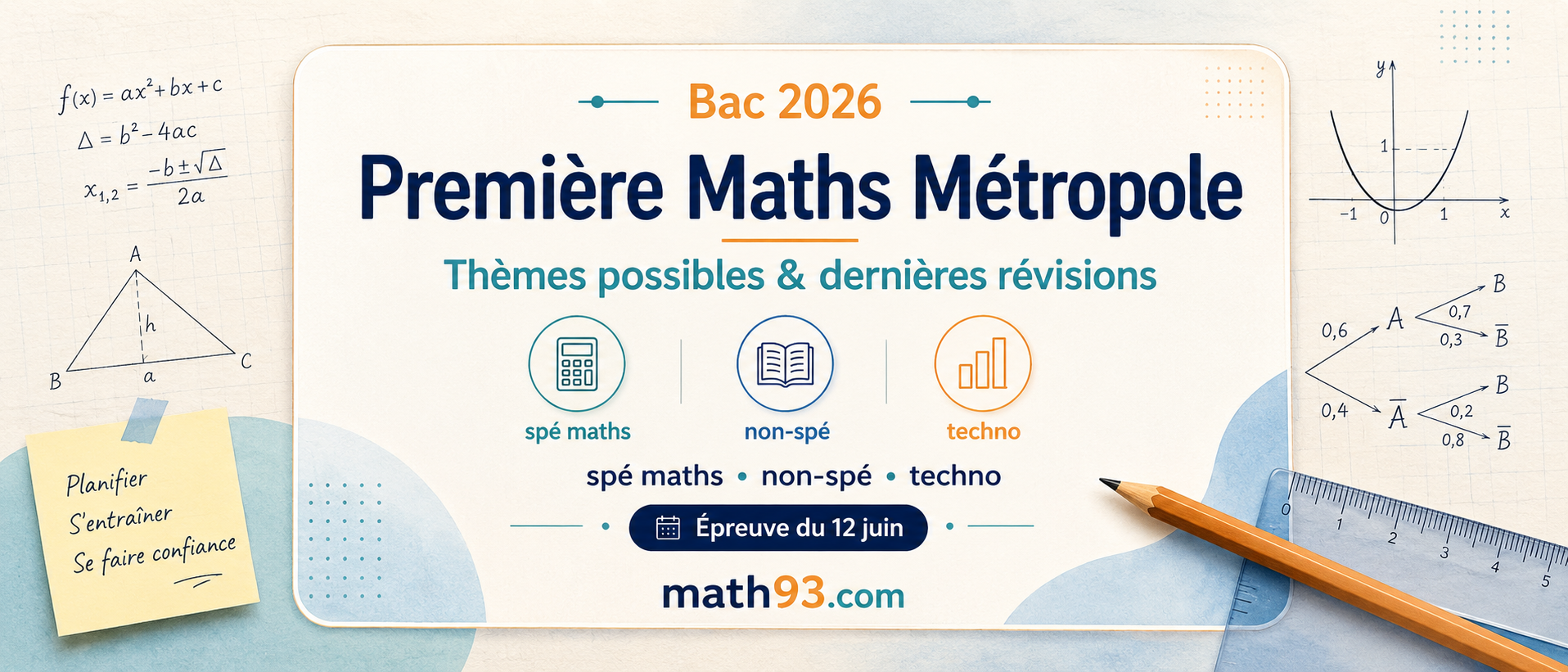Bac 2026 Première Maths Métropole : thèmes possibles et dernières révisions en spécialité maths, non-spé et techno