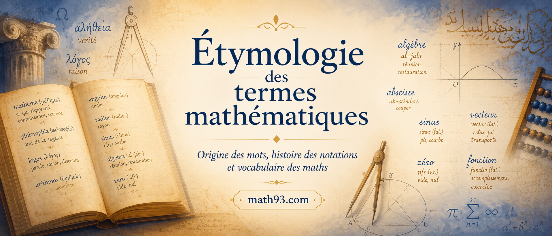 Illustration sur l'étymologie des termes mathématiques avec manuscrit ancien, mots grecs, latins et arabes, abaque, compas et notations mathématiques.