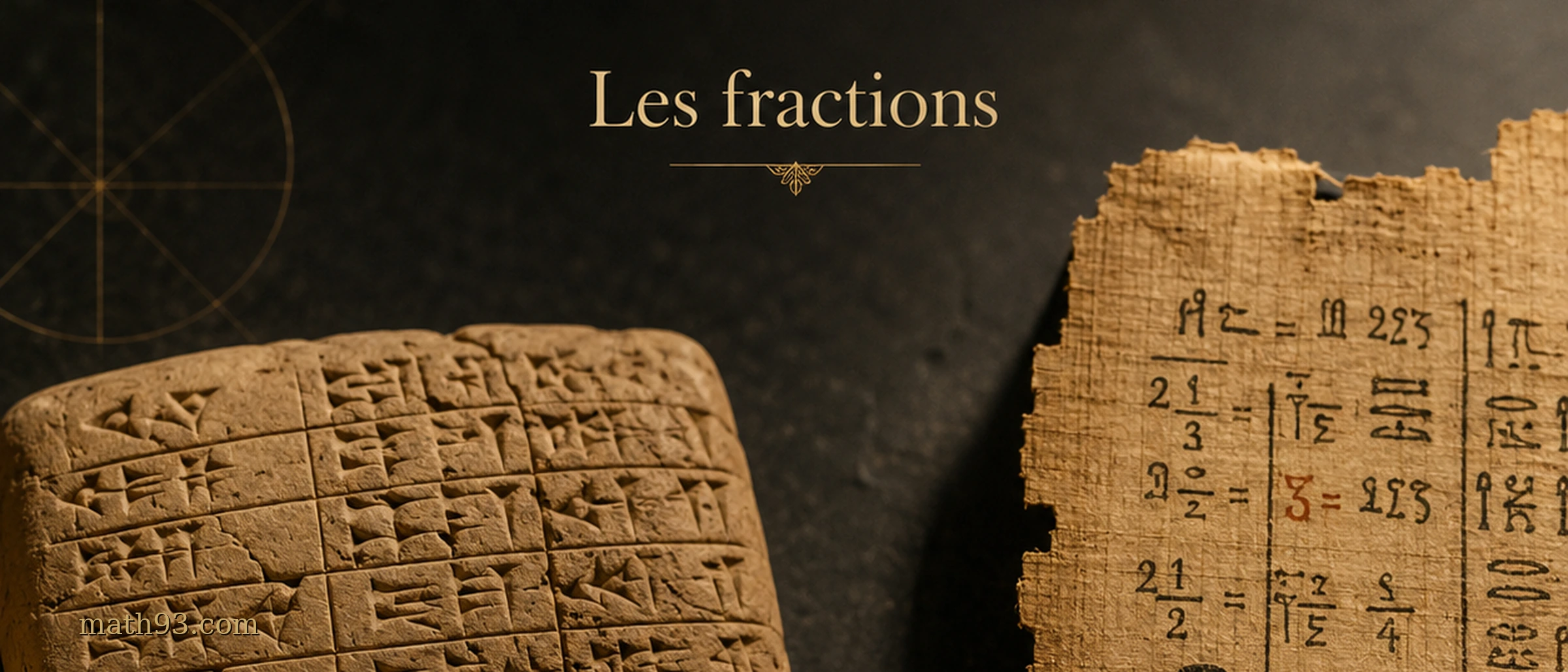 Fractions anciennes sur tablette babylonienne et papyrus égyptien avec notation moderne trois quarts