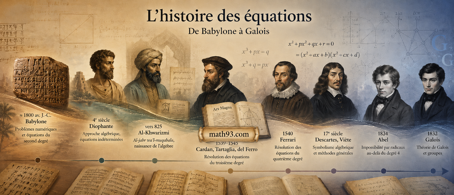 Frise historique des équations polynomiales, de Babylone à Cardan, Abel et Galois