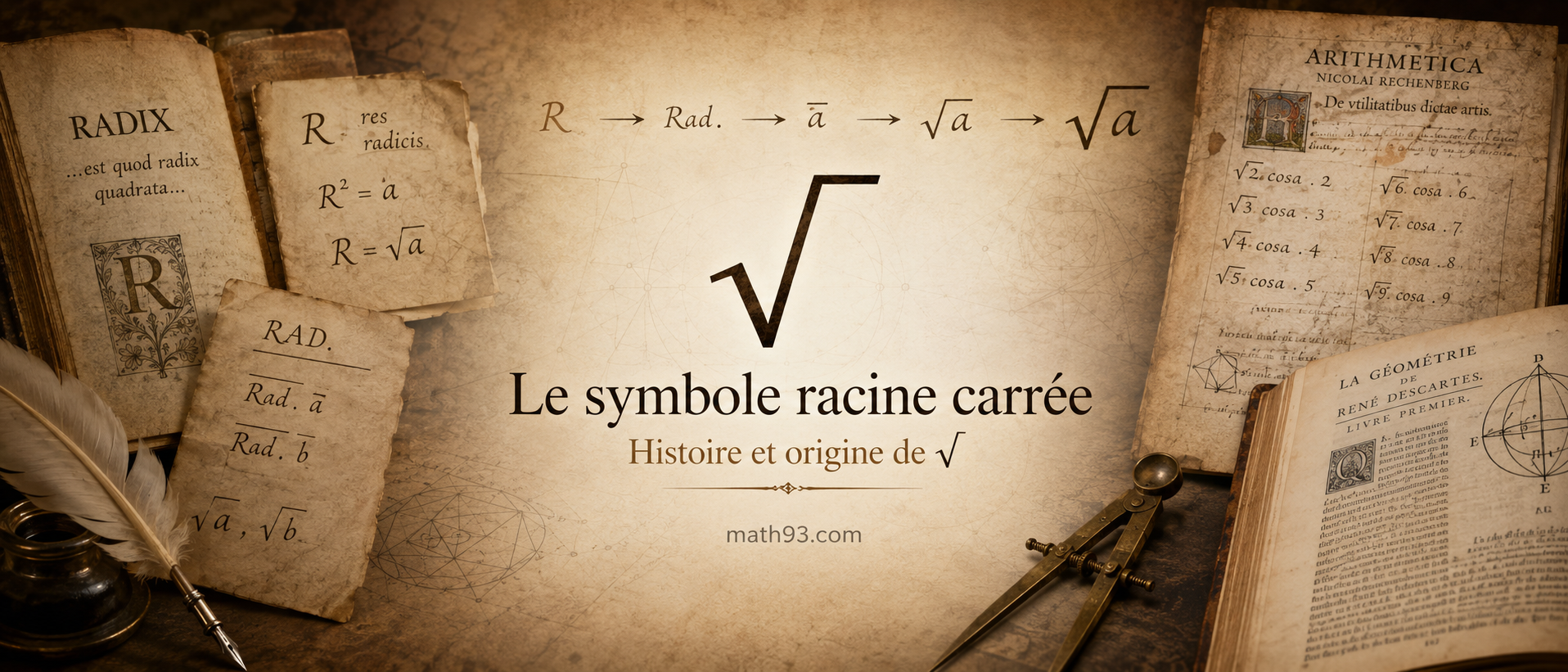 Illustration historique du symbole racine carrée avec notations anciennes et ambiance de manuscrit mathématique