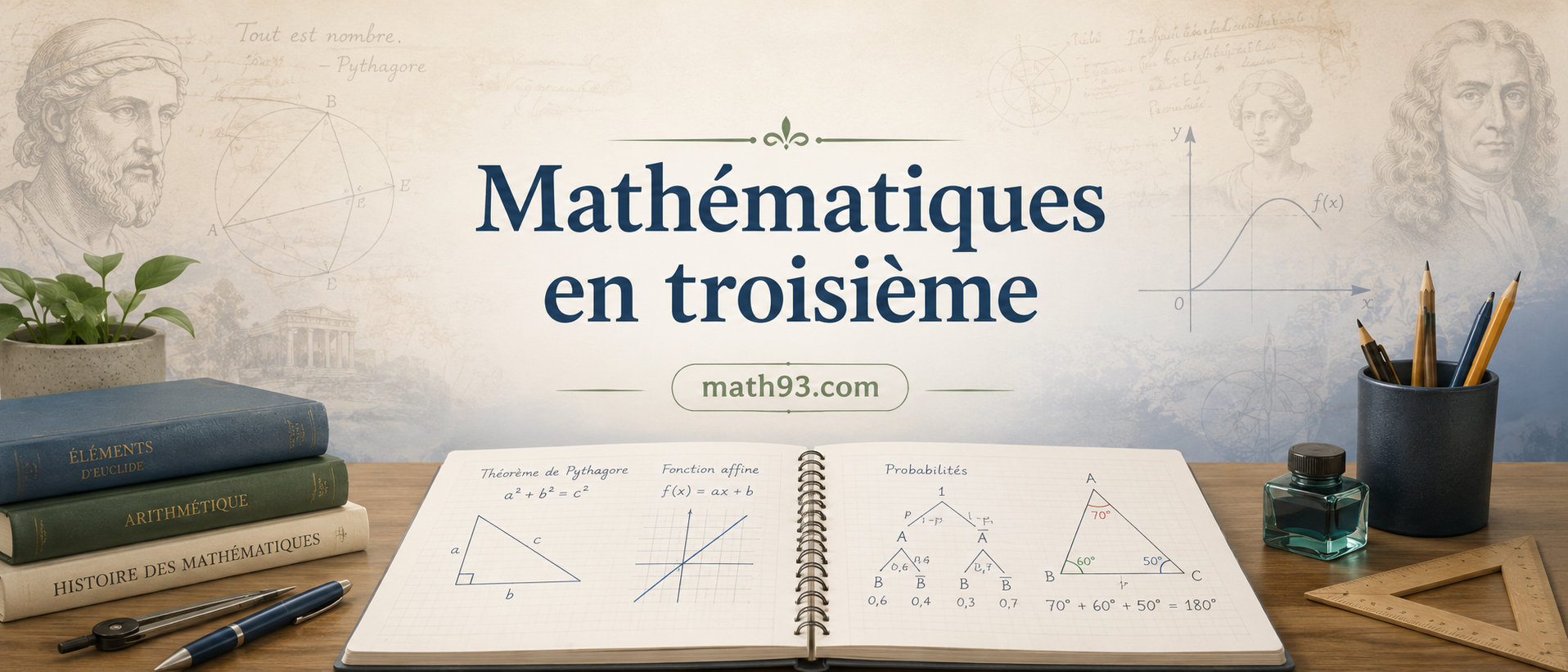 Mathématiques en troisième : Pythagore, fonctions, probabilités, géométrie, révisions du brevet et histoire des mathématiques.