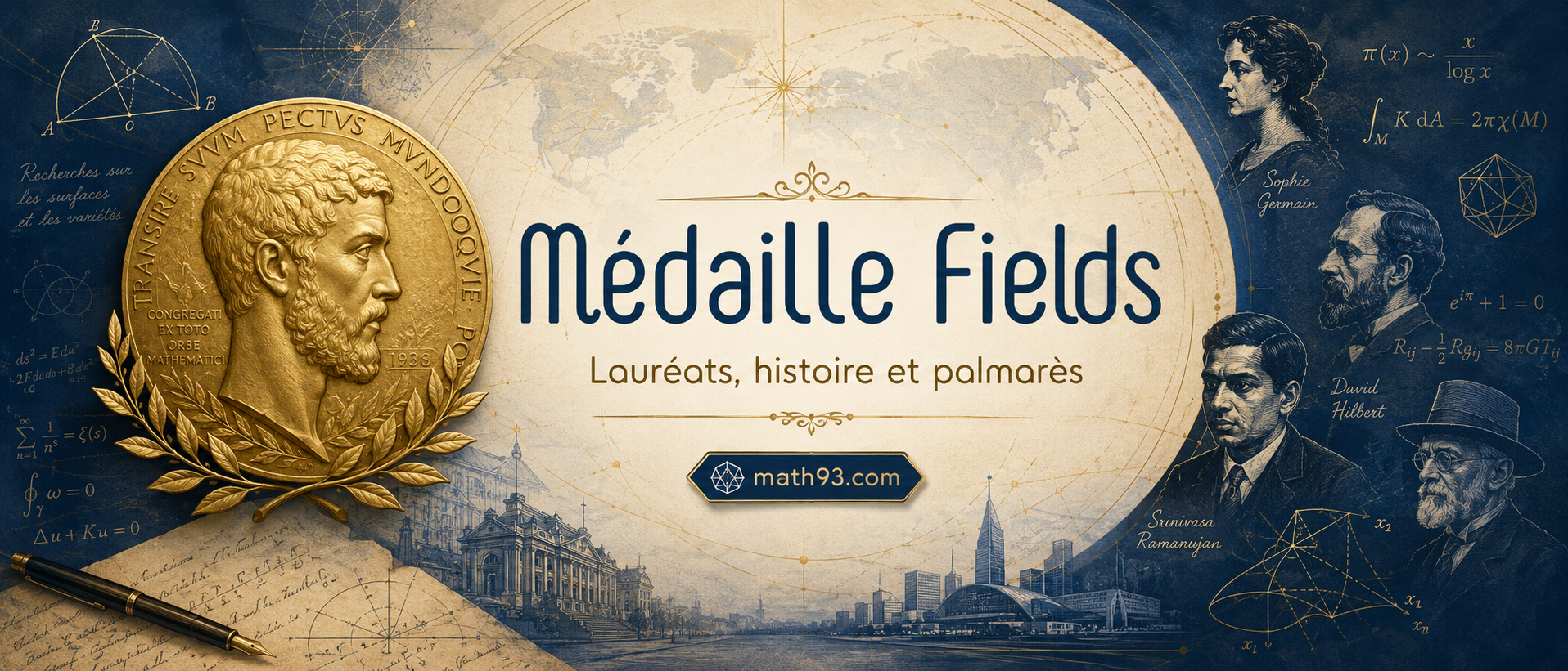Médaille Fields : illustration historique avec médaille dorée, formules mathématiques, portraits de mathématiciens et carte du monde pour présenter les lauréats, l'histoire et le palmarès de la plus prestigieuse récompense en mathématiques.