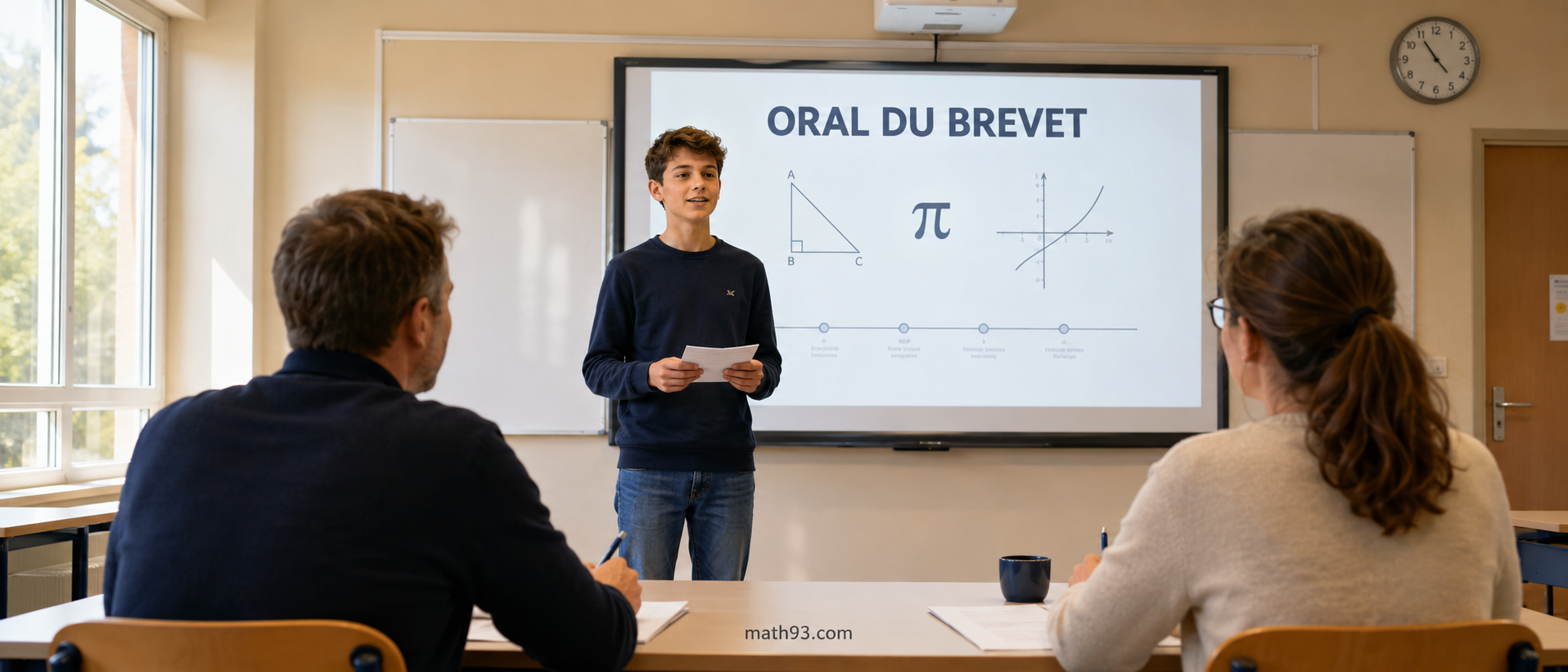 Élève debout présentant l'oral du brevet devant deux examinateurs dans une salle de classe avec projection mathématique